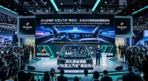 J9九游会 2026 北京车展发布会现场：展示 Dimensity Auto 主动式 AI 智能座舱及“AI 定义汽车”新纪元主题大屏